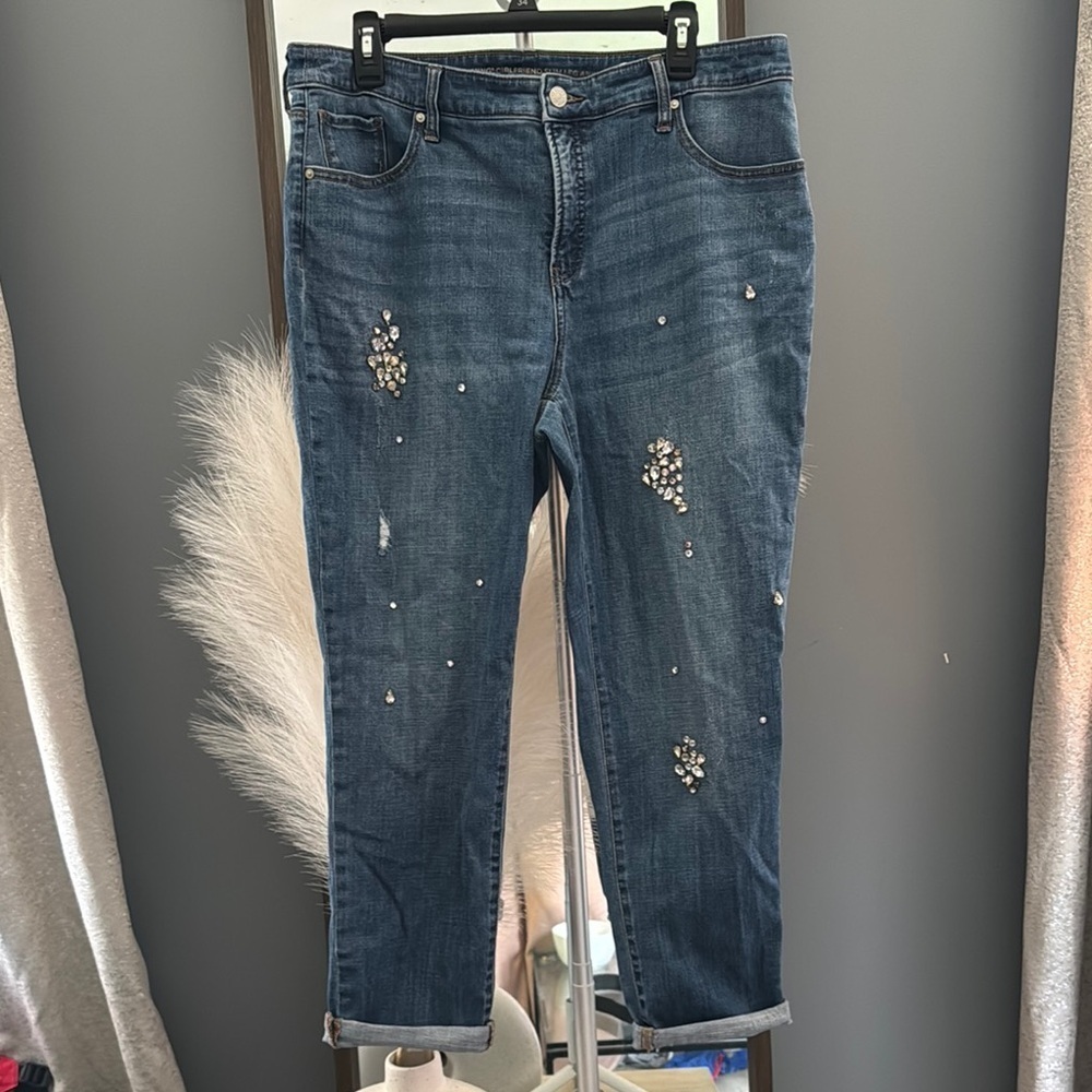 Chico's Blue Ankle Cropped Jeans‎ with Distressed Details